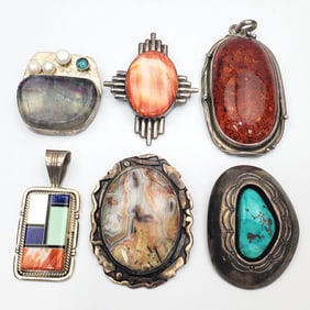 Lot of 6 Silver Navajo & Other Pendants & Broaches