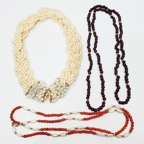 3 14K Gold Necklaces w/ Pearls & Stones