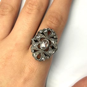 Antique Large Diamond & Silver Topped Gold Ring