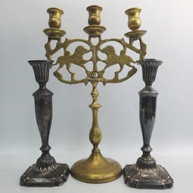 3 Judaica Items Incl. Brass Shabbat Candelabra