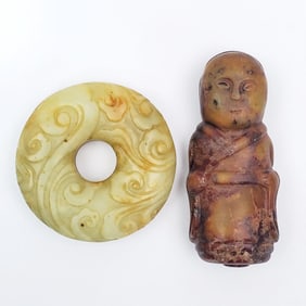 Antique Chinese Jade Bi Disk & Buddha Statue