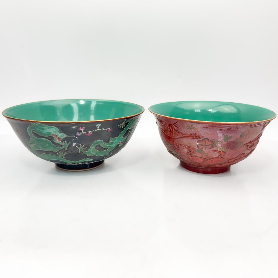 Lot of 2 Signed Chinese Enameled Porcelain Bowls: Lot of 2 Signed Chinese Enameled Porcelain Bowls.1 w/ Dragon Decorations & The Other w/ Crane Decorations. Condition: Generally Very Good. Dimensions: Larger-Dia-7" x H-3". Provenance: From a New Jers