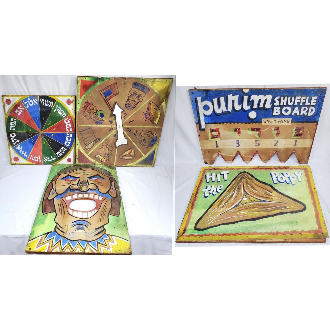 5 Large Old Judaica Purim Carnival Games 1930's: Lot of 5 Large Old Judaica Purim Carnival Games c.1930's or 40's. Some w/ Hebrew Writing. Condition: As Found. Dimensions: Largest-30" x 30". Provenance: From a Long Island, NY Home. Please note the a