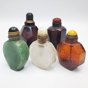 Lot of 5 Chinese Glass & Hardstone Snuff Bottles