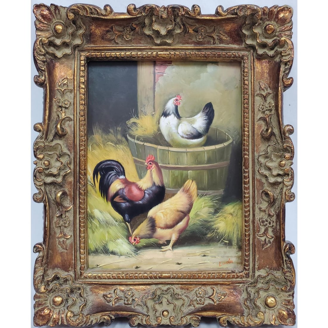 Signed Painting Oil on Canvas "Hen & Rooster". (1 of 4)