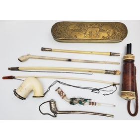 Lot of Antique Pipes, Pipe Parts, a Pipe Case