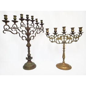 Judaica Antique Lot of 2 Large Brass Menorahs