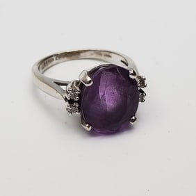 14K White Gold, Diamonds & Probably Amethyst Ring