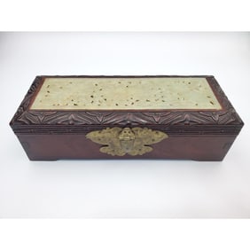 Chinese Carved Wood & Green Hard Stone Storage Box