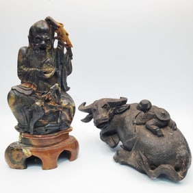 Chinese Carved Soapstone Figure & Wood Figure