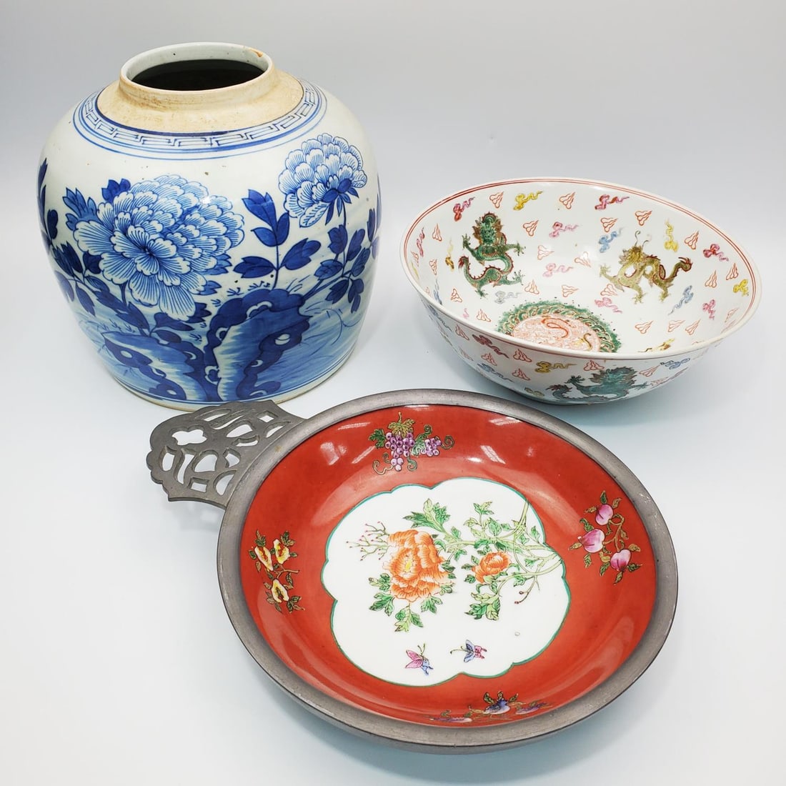 Lot of 3 Chinese Porcelain Items: Lot of 3 Chinese Porcelain Items Including 1 Pewter Mounted. Condition: Generally Good. Dimensions: Largest H-8.3" x Dia-8.3". Provenance: From a Long Island Home. Please note the absence of a Conditi
