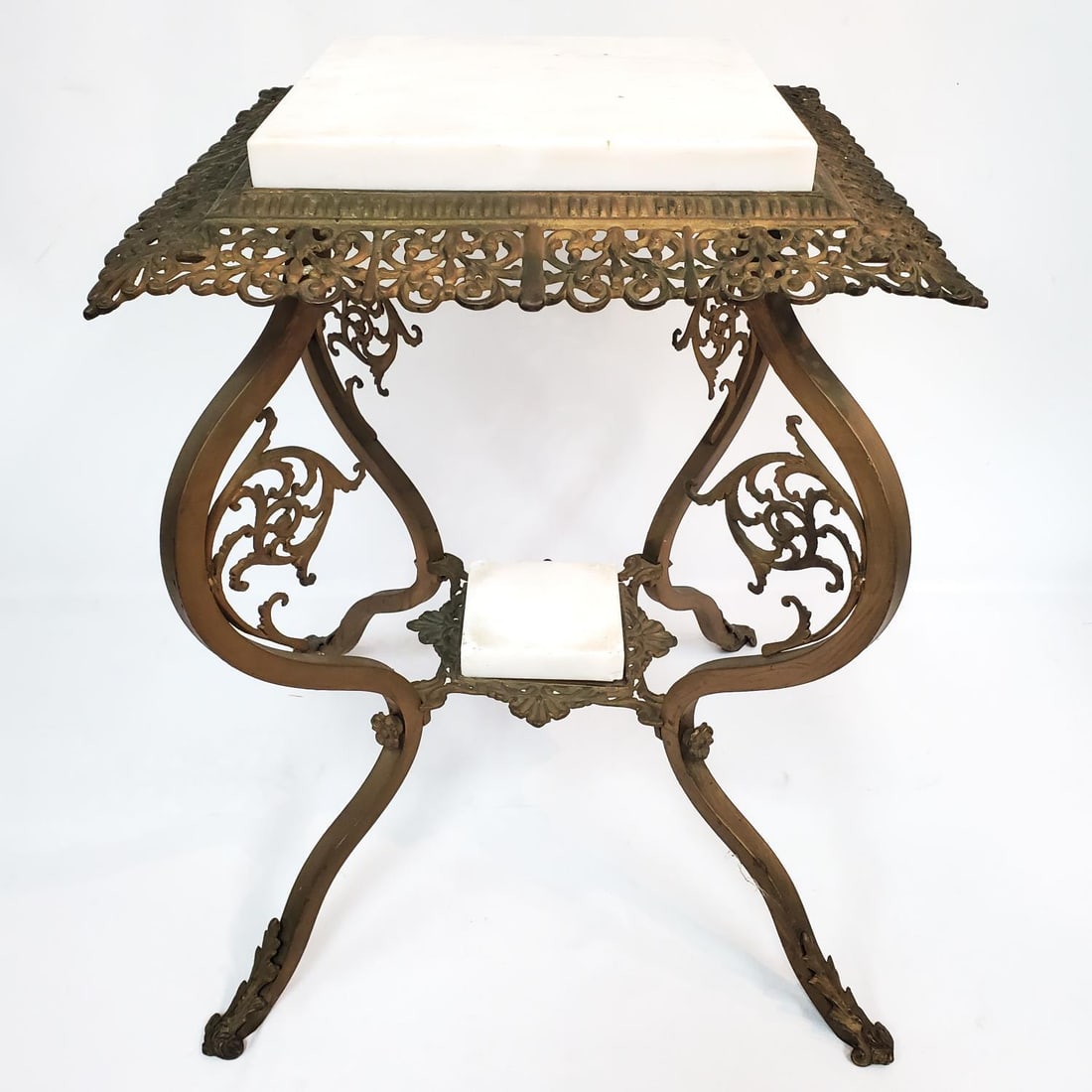 Antique Ornate Brass 2-Tier Side Table w/ Marble (1 of 4)