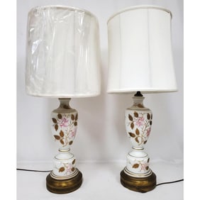 Pair of Old Enameled Opaline Glass Lamps