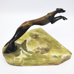 Art Deco Bronze & Onyx Ashtray w/ Greyhound