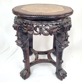 Antique Chinese Carved Teakwood Table w/ Marble