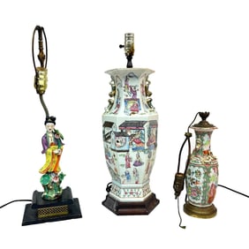 3 Antique Chinese Famille Rose Porcelain Lamps