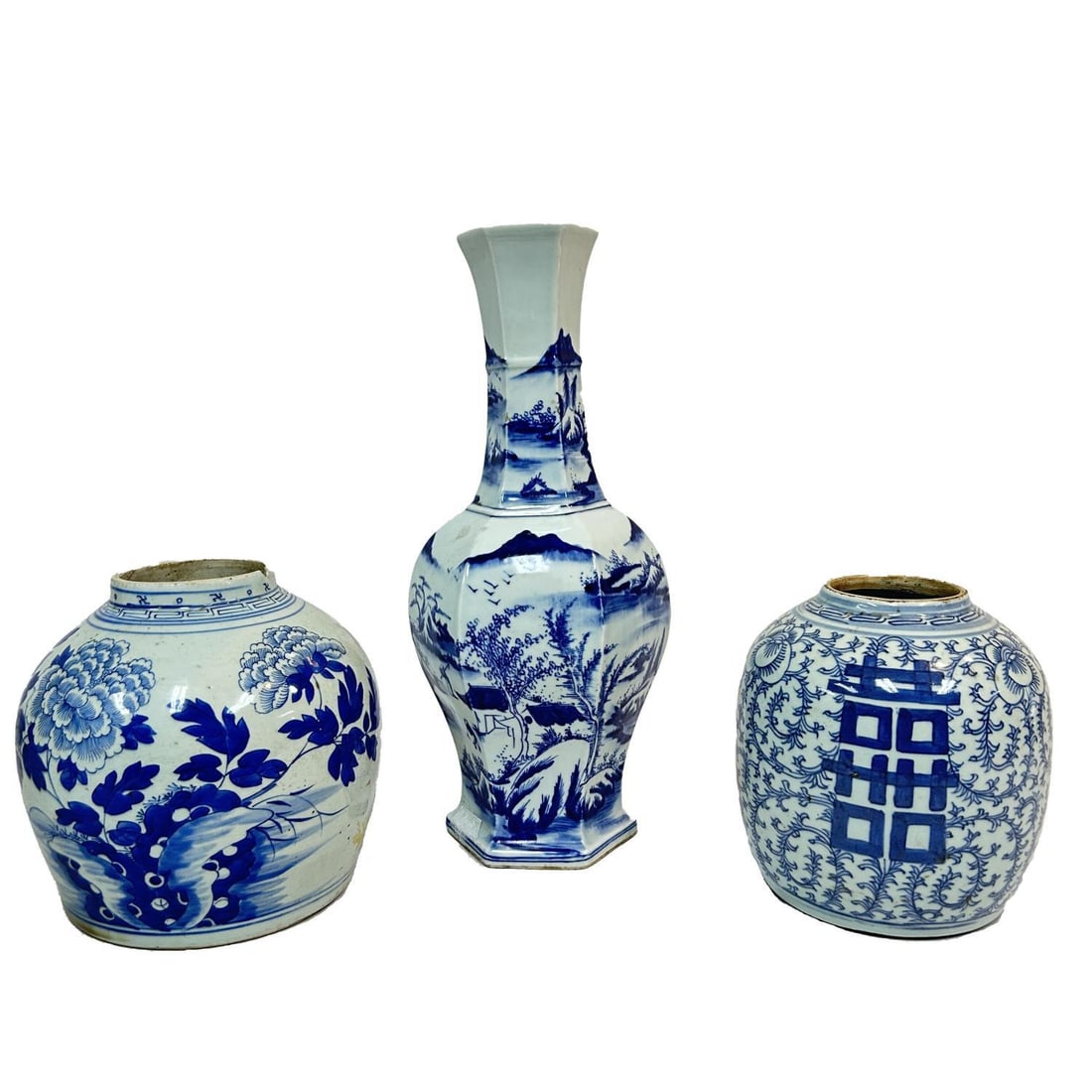 3 Antique Chinese Blue & White Porcelain Items: Lot of 3 Antique Chinese Blue & White Porcelain Items Including 1 Vase & 2 Jars. Vase Marked at the Bottom. Condition: Generally Good w/ Chips on 1 of the Jars. Dimensions: Largest- H- 15.75" x W- 6.5