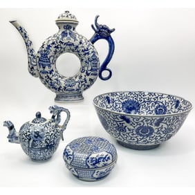 4 Antique Chinese Blue & White Porcelain Items