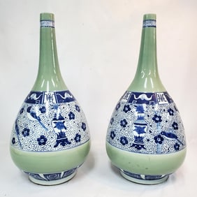 Pair Antique Chinese Celadon, Blue & White Vases