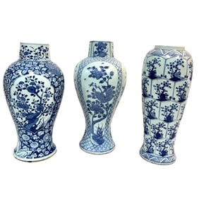 3 Antique Chinese Blue & White Porcelain Vases