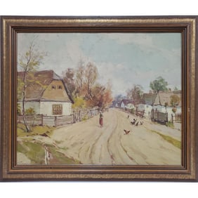 Antique Signed Painting Oil on Board "Farm Scene"