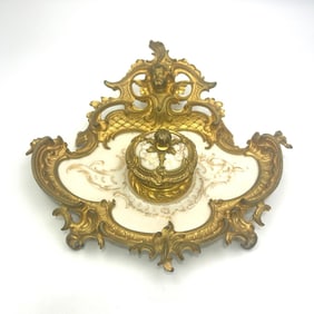 Antique 19th c. Gilt Bronze & Porcelain Inkwell