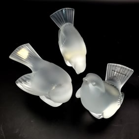 3 Vintage Lalique France Art Glass Sparrow Figures