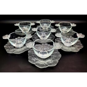 14 Vintage Lalique France Art Glass Cups & Saucers