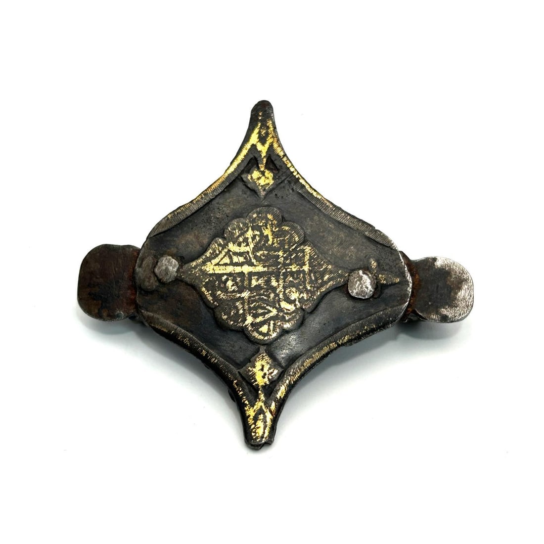 Antique Persian Qajar Metal Pendant w/ Gold Kufi: Antique Persian Qajar Metal Pendant w/ Gold Kufi Writing. Condition: As Found.Dimensions: 2.1" x 1.9". Provenance: From a Long Island, NY Home. Please note the absence of a Condition Report does not i