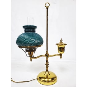 Vintage Brass Student Lamp w/ a Ribbed Green Shade