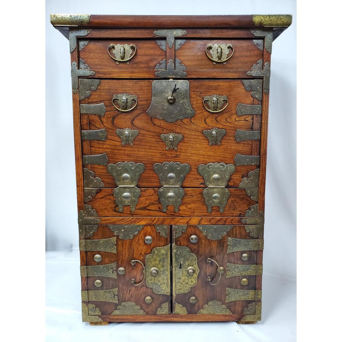 Antique Korean Large Wooden Writing Desk: Antique Korean Large Wooden Writing Desk w/ Original Key & Bronze Mounts. Condition: Generally Good. Dimensions: H-38" x L-27" x W-14". Provenance: From the Estate of an Important Private Long Island,