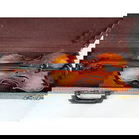 Antique German Violin: Antique German Violin w/ Interior Label Which Reads "Made Expressly for William Lewis & Son, Chicago, Illinois. Number 126.75. In Original Fitted Case. Along w/ a Old Bow. Condition: Generally Good, A