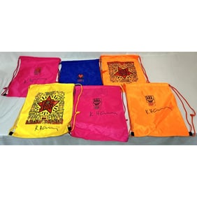 Lot of 6 Pop Shop Draw String Bags Signed "Haring"