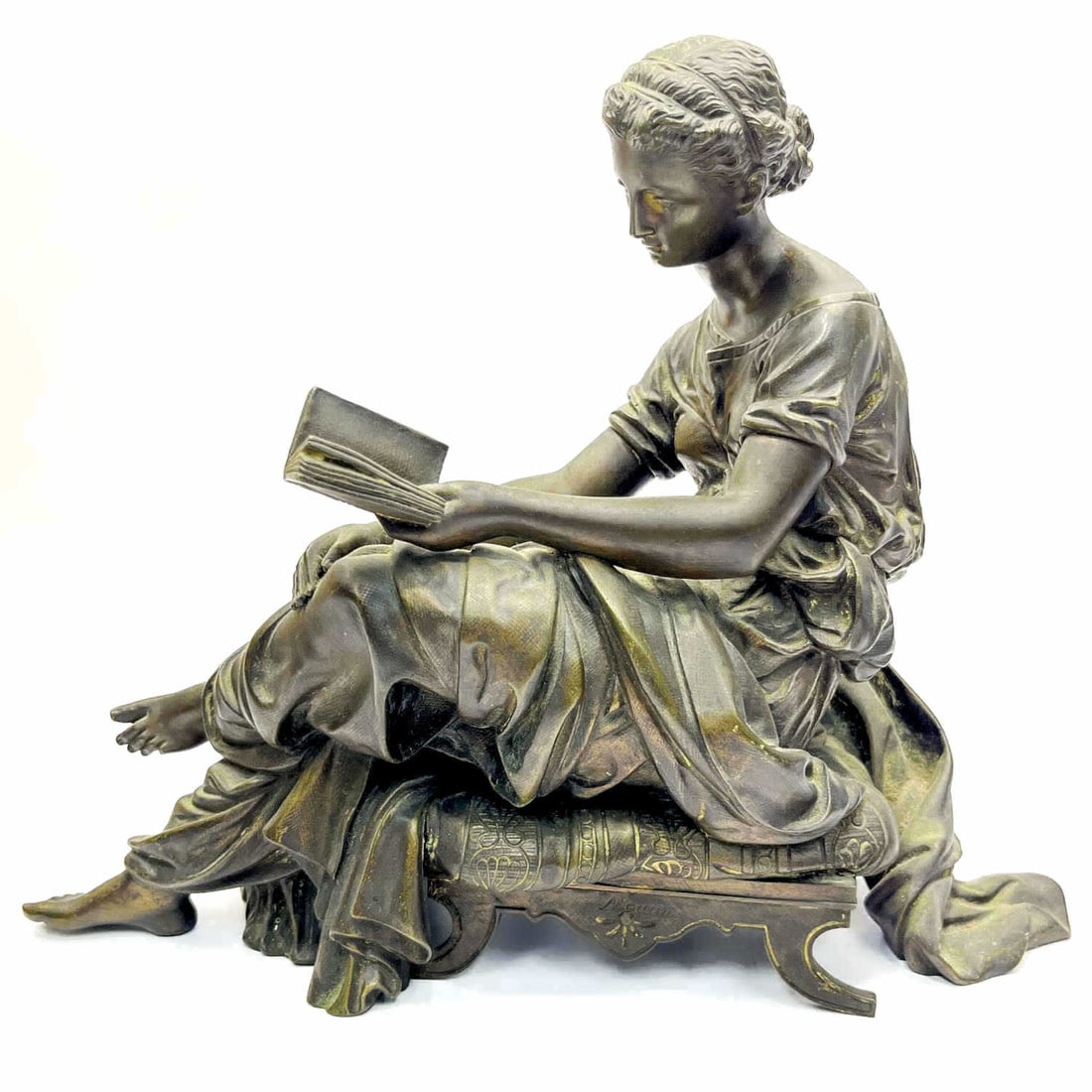 Antique Moreau French Bronze Sculpture of a Woman: Antique Moreau French Bronze Sculpture of a Seated Woman Reading a Book on a Bench. Fully Signed "Moreau" on the Bench. Circa 19th Century.Condition: Generally Good. Needs Cleaning. Dimensions: L-11.2