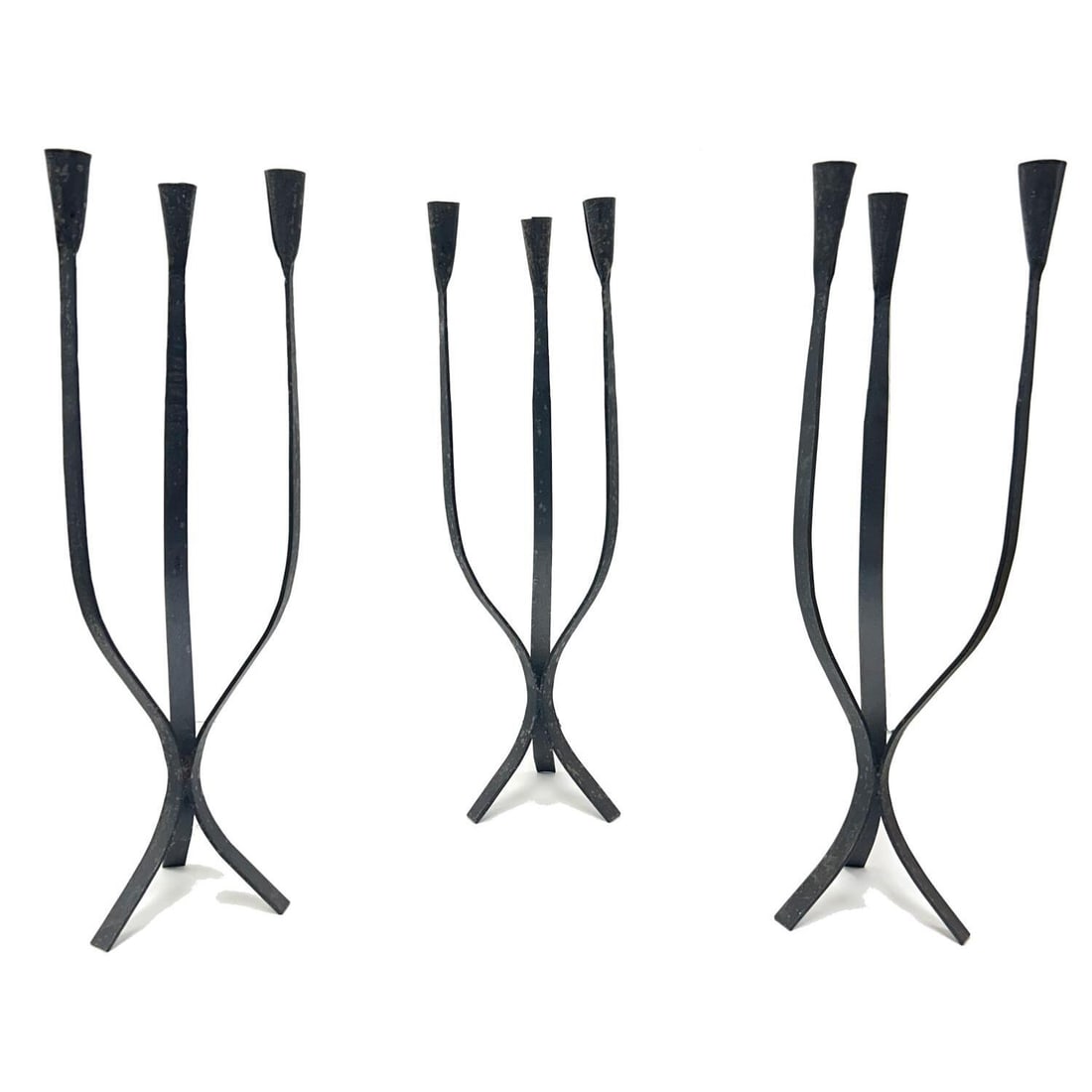 3 Van Kepple Wrought Iron 3 Light Candelabras: Lot of 3 Vintage Van Kepple Wrought Iron 3 Light Candelabras. Circa 1950s. Condition: Generally Good w Some Minor Rust & Discoloration Due to Age & Use. Dimensions: H-23" x W-7". Provenance: From a Lo