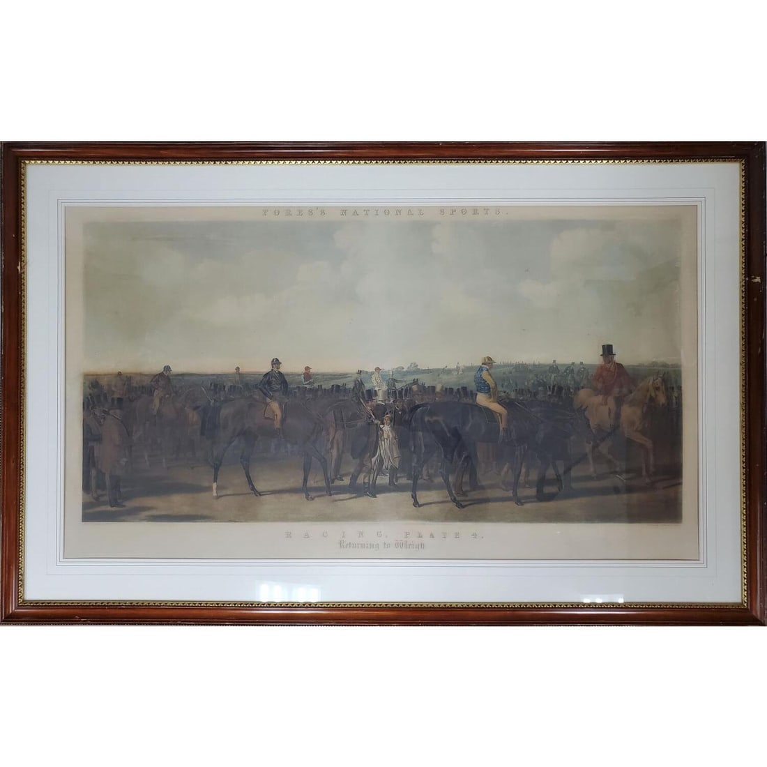 Large Antique English Colorized Etching: Large Antique English Colorized Etching "Fores's National Sports Racing Plate 4. Returning to Wleigh". Engraved by J. Harris & W. Summers & Painted by J. F. Herring. Dated London September 1st, 1856.