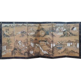 Old Japanese Hand Painted 6 Panel Screen