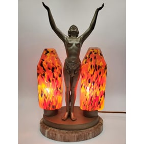 Art Deco Figural Metal Lamp w/ Glass Shades