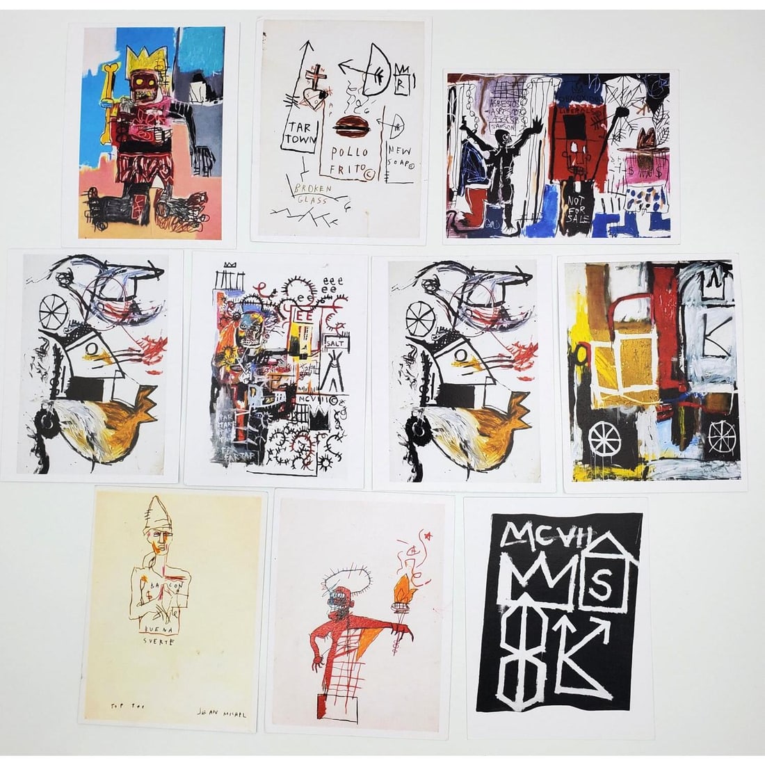 After Jean Michel Basquiat Signed Exhibition Cards: After Jean Michel Basquiat Lot of 10 Signed Exhibition Announcement Cards for The Annina Nosei Gallery, NY in 1982. Each Card is Signed & w/ Illustration. We Do Not Guarantee the Authenticity of This 