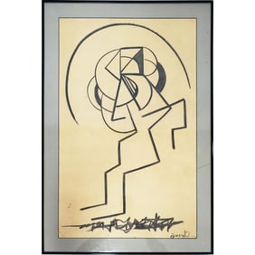 Signed Art Deco Drawing Charcoal on Paper