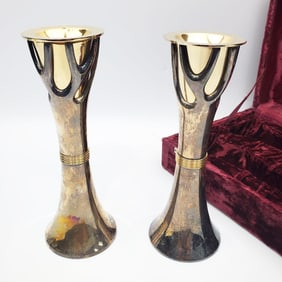 Judaica Pair of Tall Modernist Candlesticks