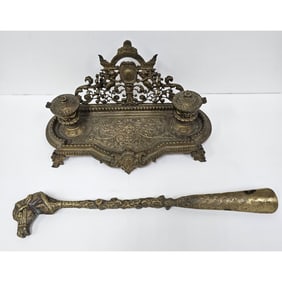 Antique Victorian Bronze Inkwell & Shoe Horn