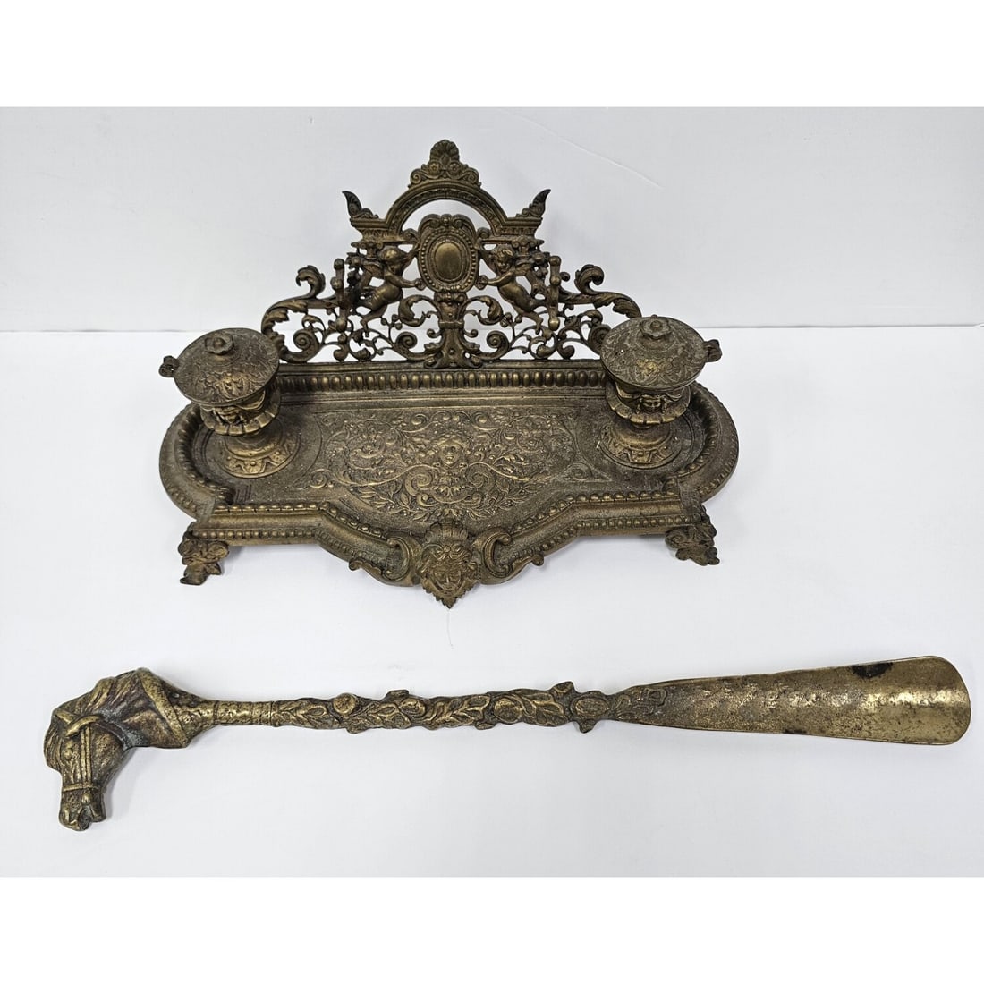 Antique Victorian Bronze Inkwell & Shoe Horn (1 of 8)