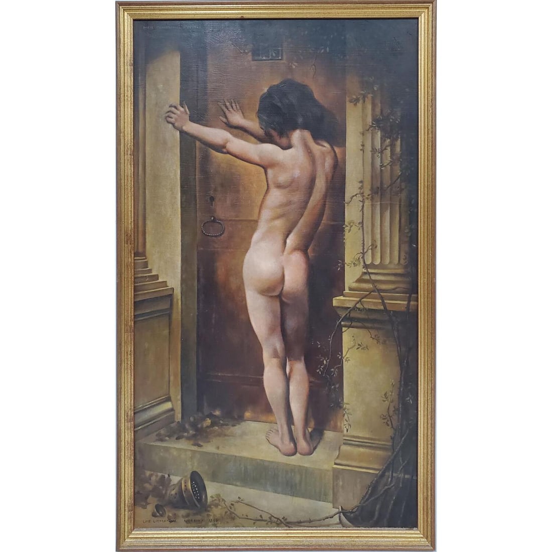 Doris Wokurka, American (1929-1986) Oil Painting: Doris Wokurka, American (1929-1986) Painting Oil on Canvas Board "Love Locked Out" Signed Upper Left. After a Painting by Merritt. In Original Frame. Condition: Generally Very Good. Dimensions: Sight-