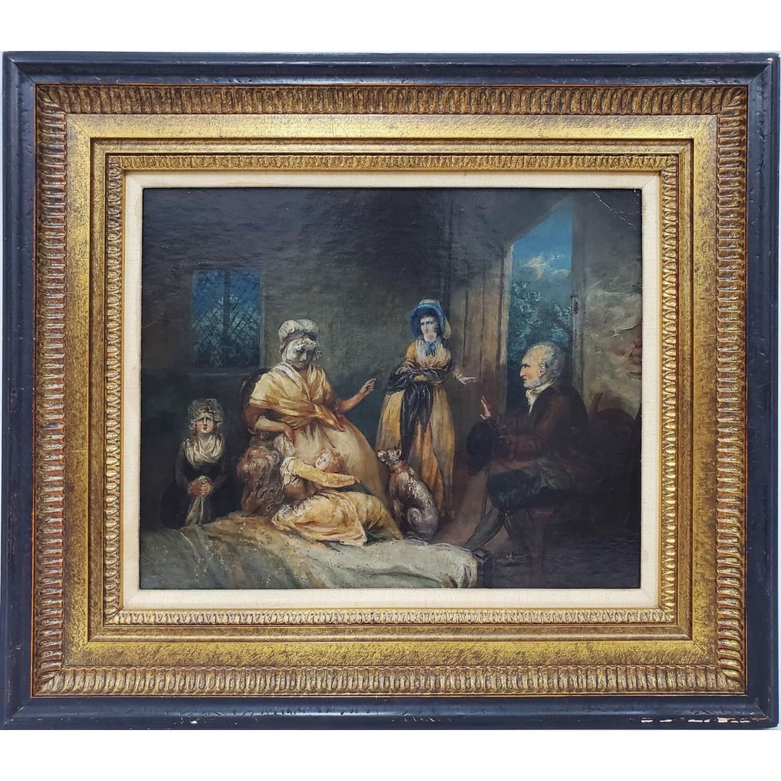 George Morland, English (1763-1804) Oil Painting: George Morland, English (1763-1804) Painting Oil on Panel. "Interior Scene". Signed Lower Right. Comes w/ Sticker From Goldfield Galleries, Los Angeles on The Verso Along w/ Related Literature. Framed