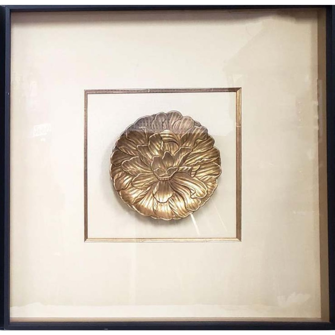 Robert Kuo, Chinese-American (b.1947): Robert Kuo, Chinese-American (b.1947) Signed 24k Gold Plated Repousse Large Dish "Peony" In a Very Large Original Shadow Box Frame. Signed on the Plate. Originally Purchased From Robert Kuo Showroom i