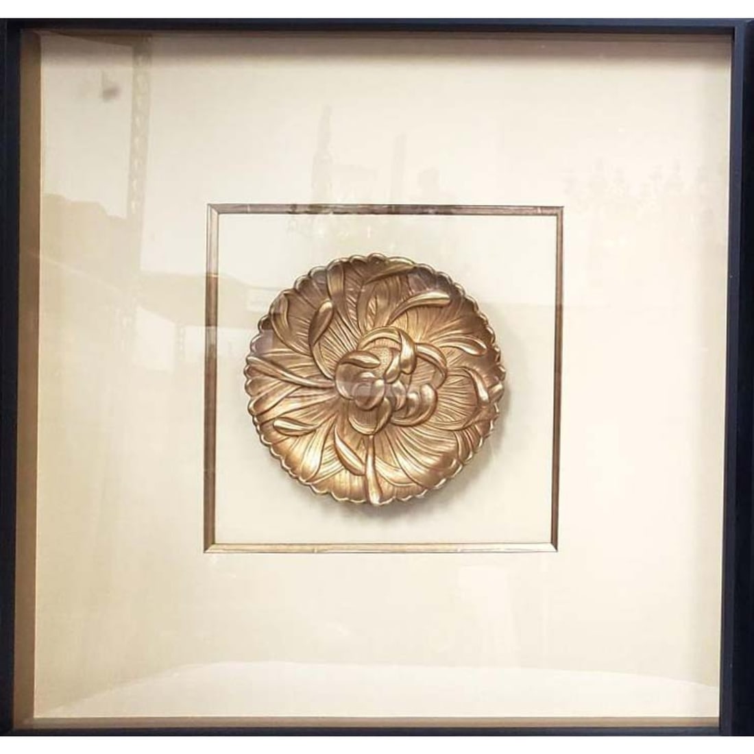 Robert Kuo, Chinese-American (b.1947): Robert Kuo, Chinese-American (b.1947) Signed 24k Gold Plated Repousse Large Dish "Chrysanthemum" In a Very Large Original Shadow Box Frame. Signed on the Plate. Originally Purchased From Robert Kuo Sh