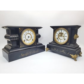 2 Antique Ansonia Black Marble Mantel Clocks