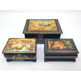 3 Vintage Russian Hand Painted Lacquer Boxes