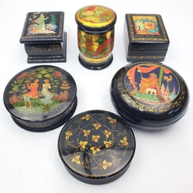 6 Vintage Russian Hand Painted Lacquer Boxes